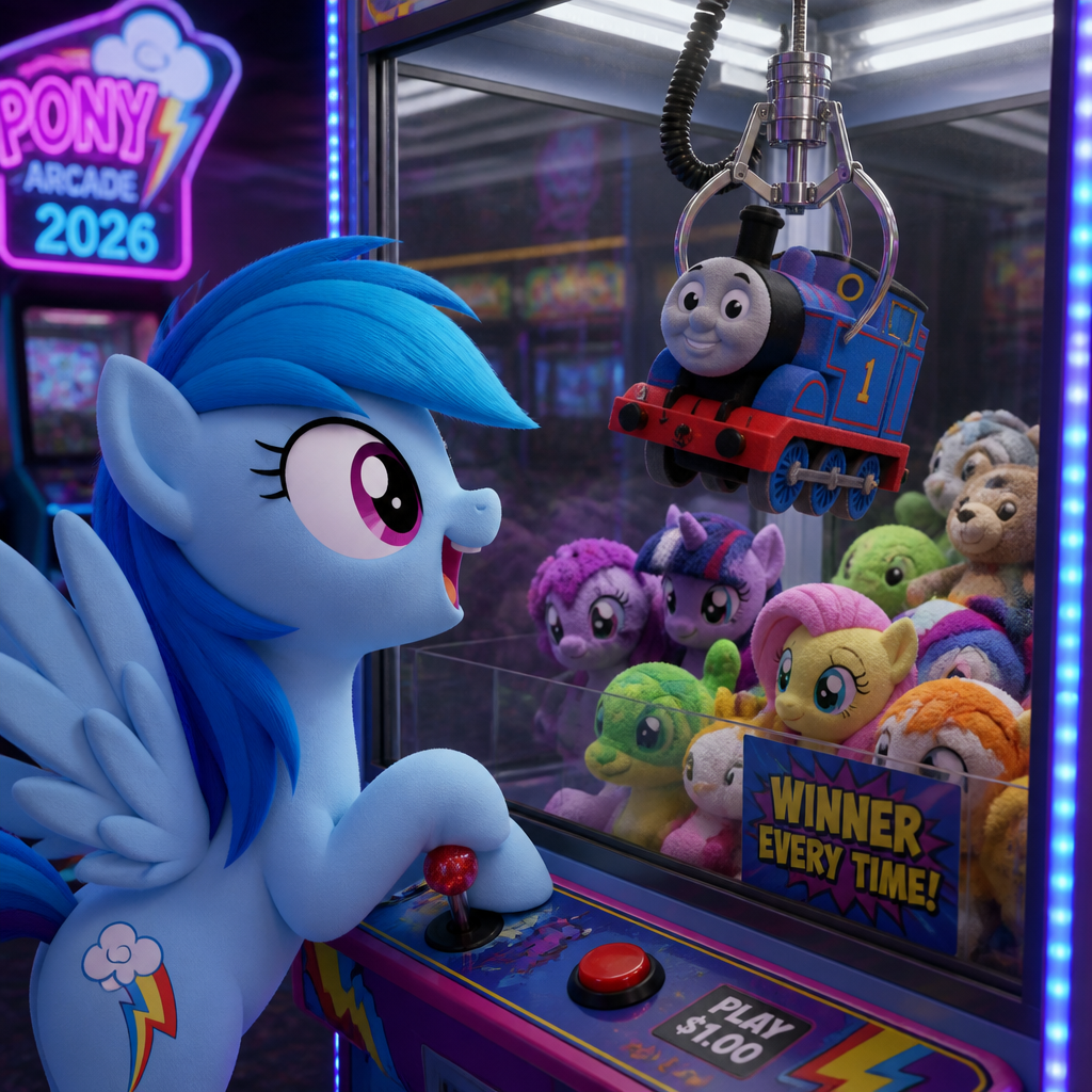 Rainbow Dash is playing claw machine arcade 2026 and the claw grabbed the Thomas the Tank Engine plushy