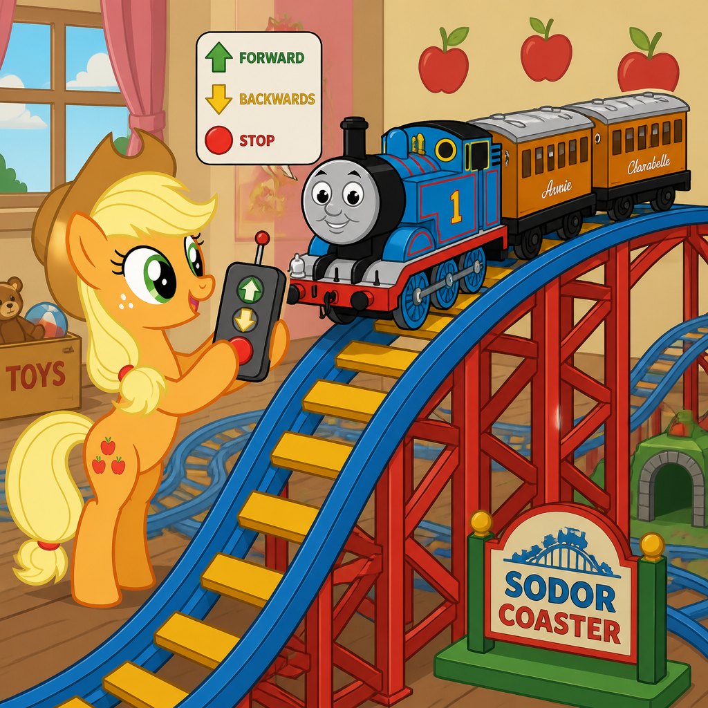 Applejack from My Little Pony is put giant toy, Tomy Thomas with Annie and Clarabelle onto giant toy tomy roller coaster tracks so she got the remote control The up arrow means forward the down arrows means backwards, and the red button means stop