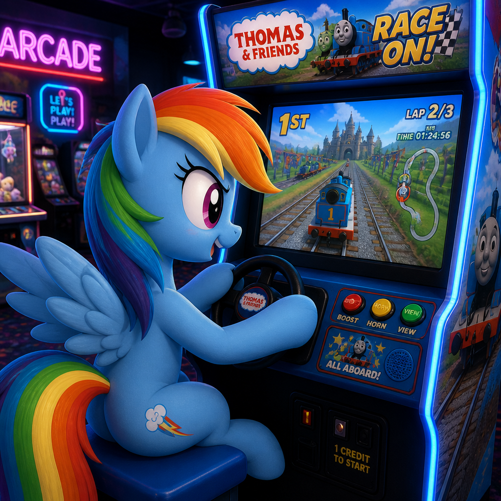Rainbow Dash is playing the Thomas & Friends race game arcade 2026
