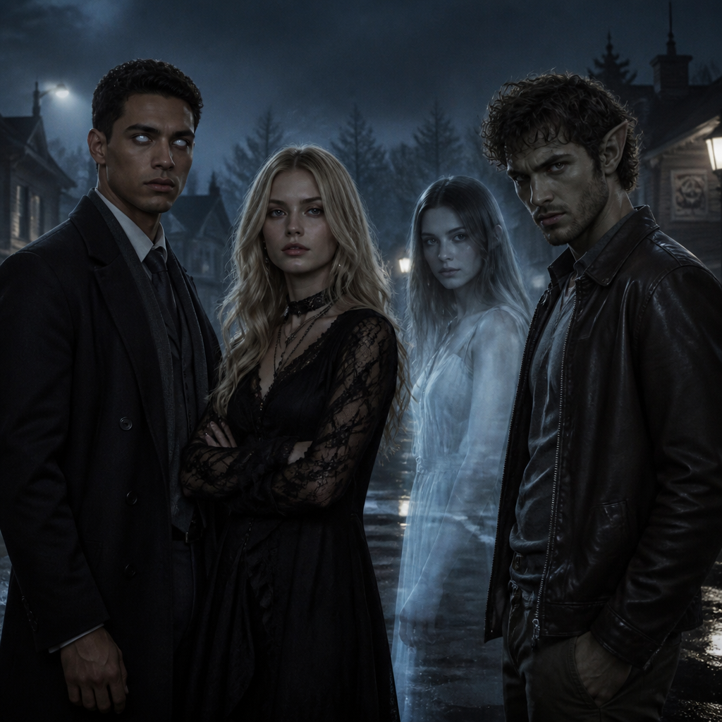 Une equipe a la dead boy détective avec un homme medium les yeyx integralement blanc le teint caramel , une femme sorcière magnifique et blonde tres dentelle noir sexy et 1 fantome femme et sexy homme loup garou un peu dans une mini ville