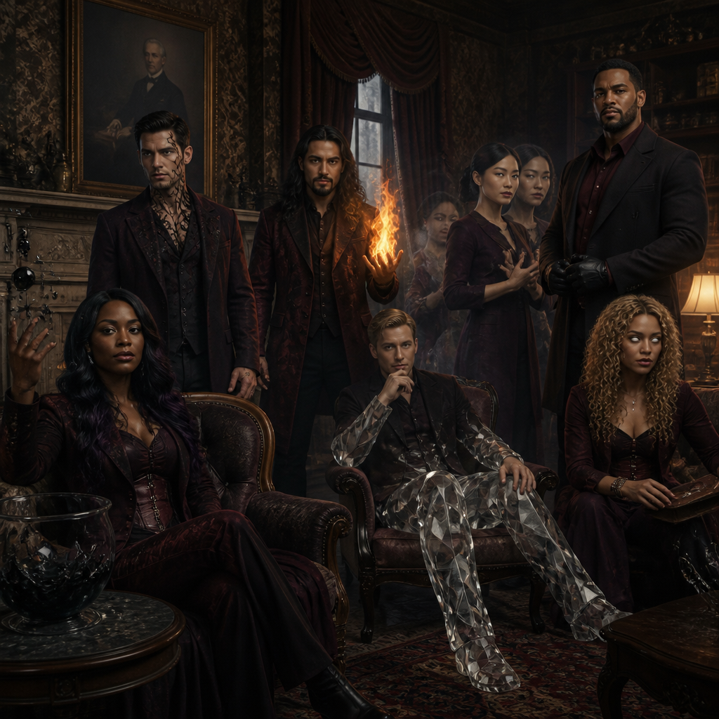 Je veux une équipe a la umbrella academy et couleur des tenue bordeau noir dans un salon victorian mais ca se passe au 21 eme siecle certain sont debout et d’autres assis , ils ont tous 30 ans et sont a notre epoque montre moi leur pouvoir genre une micro demonstration chacun
1
Femme noir, cheveux lisses legerement ondulés noir violet
Control de la gravité et des liquides
2
Homme blanc russe, cheveux noir rasé à blanc, métamorphiques
3
Homme tan latino, cheveux noir long bouc moustache controle le magma
4
Homme blond, yeux clairs blond il devient invisible et son corp se transforme en cristal
5
Femme asiatique, élégante qui parvient à se multiplier
6
Femme latina blond cheveux bouclés frange, lit dans les objets (ses yeux sont intégralement blanc)
7
Homme noir grand fort et metisse,