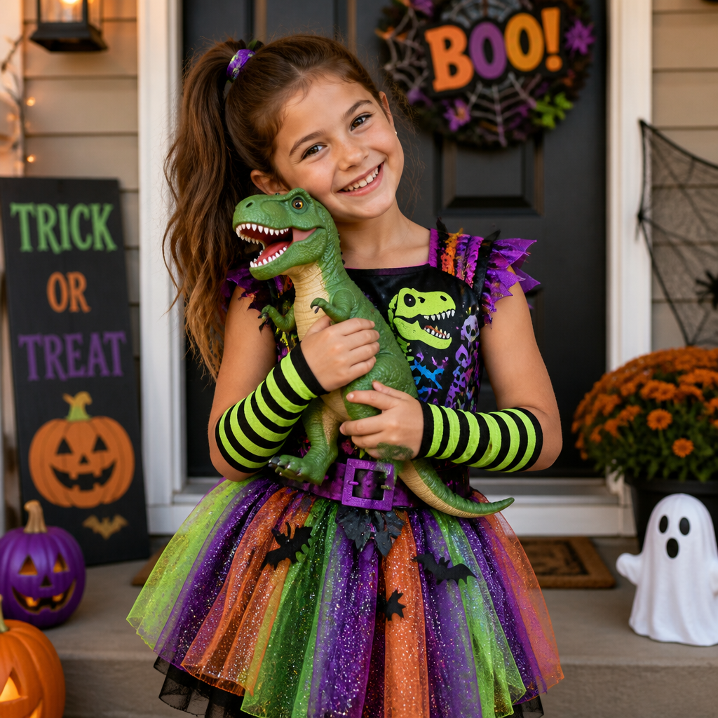 A 9 year old girl with a ponytail in a Halloween costume with her t-rex toy