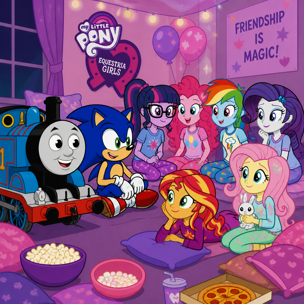 Thomas the Tank Engine and sonic the hedgehog are at the mlp eqg slumber party