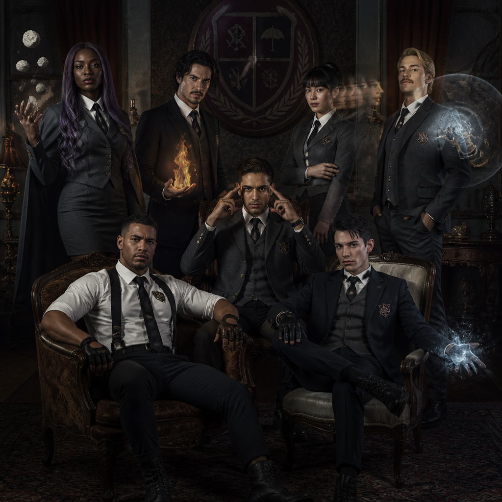 Je veux uen academy à la umbrella academy avec différentes personnes qui sont adultes une sorte d’equipe qui ont le meme uniforme ou du moin les meme couleur de vetement , jupe et pantalon ect , ils ont tous 30 ans d’abbord une femme noir cheveux long violet , elle a le pouvoir de la gravitation blanche, un homme blanc, cheveux noir, un peu bronzer en mode latino white qui contrôle le feu, un homme indien qui controle les pensées, une femme asiatique qui se multiplie, un homme blanc blond moustache , capable de devenir invisible et des champs de force, ils sont tous elegant et classe, un homme metisse musclé et grand qui a une force surhumaineet un homme avec un air russe qui controle la glace cheveux noir yeux claire et pas de barbe un peu maigre , je veux vraiment un style hyper Umbrella Academy, genre jupe, col, roulé, modèle entrant, mais chacun a son style, je fais un truc élégant, distingué et sombre, pas des matières flashy, comme du caoutchouc et je veux que les couleurs principales détenus soient gris, noir, blanc et u Ils ont tous une sorte de logos emblème à toi de choisir l’emblème, je voudrais bien que ce soit un mélange de deux objets ou d’un animal et d’un objet quelque chose d’élégant avec sur le côté du costume, certains ont un costard et d’autres non ça serait pas mal un logo avec une chauve-souris un instrument de musique, ancien, genre une flûte et , je veux vraiment quelque chose de sombre, et ils sont tous assis sur un canapé dans le grand salon, certains sont debout et il y a un tableau derrière représentant l’embleme quelque chose de très victorien, la couleur de la famille et le bordeau et le vioel , un ambleme unique et prestigieux