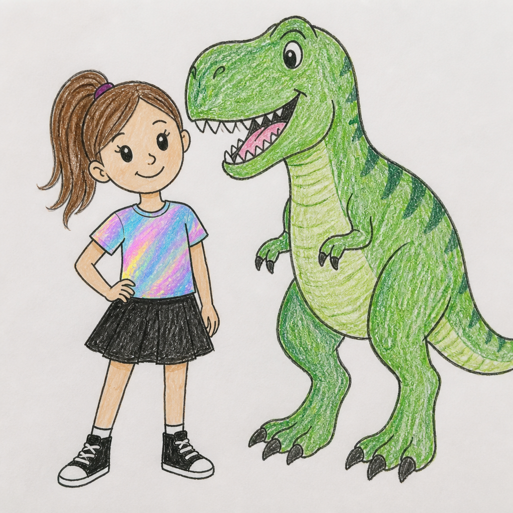 A 9 year old girl with a ponytail a holographic shirt and a black skirt and a T-Rex colored green