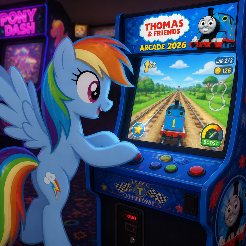 Rainbow Dash is playing the Thomas & Friends game arcade 2026