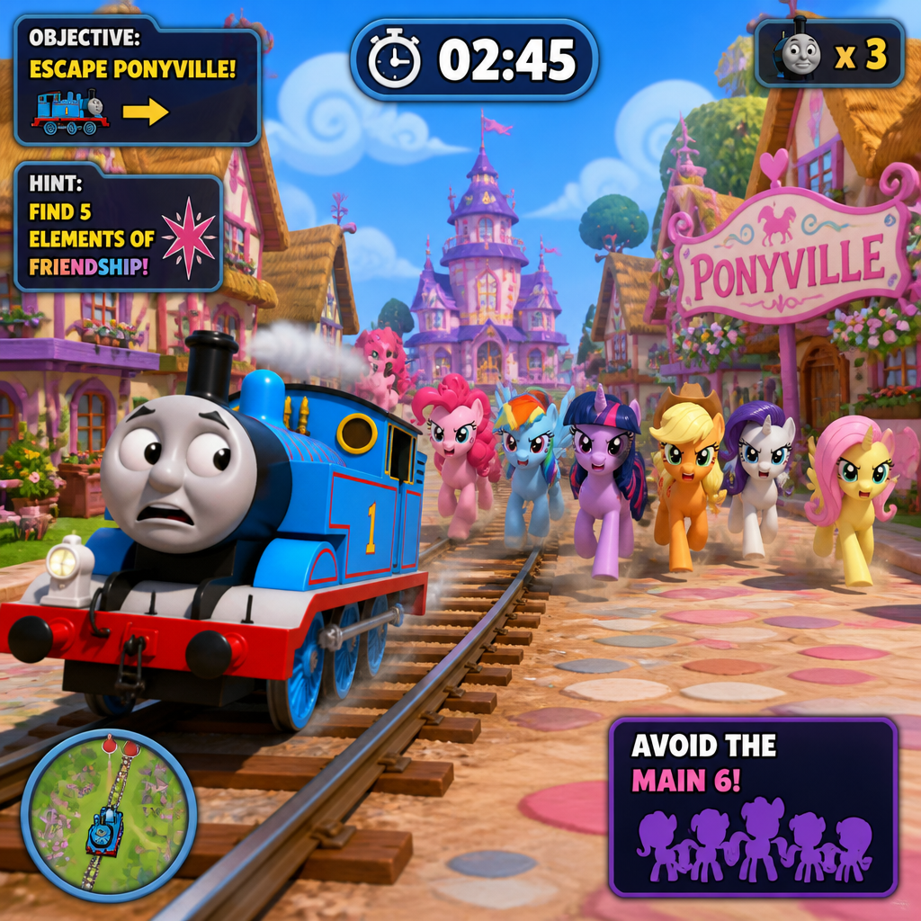 In escape game game gameplay you are play as Thomas the tank engine you was chased the main 6 from my little pony in Ponyville