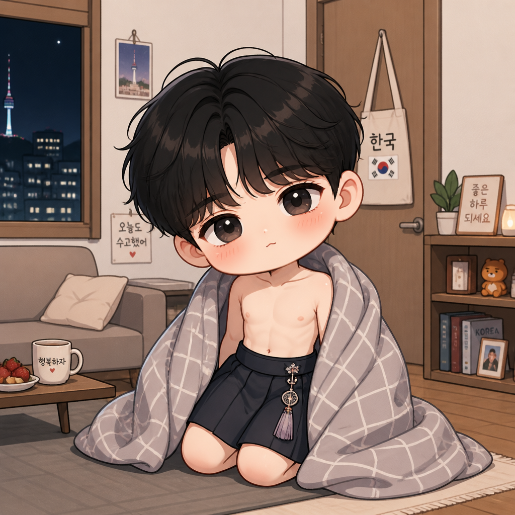 Boy 20 years old no a shirt, wears a blanket (outside body) and Korean skirt (inside body) only in the house in Korea