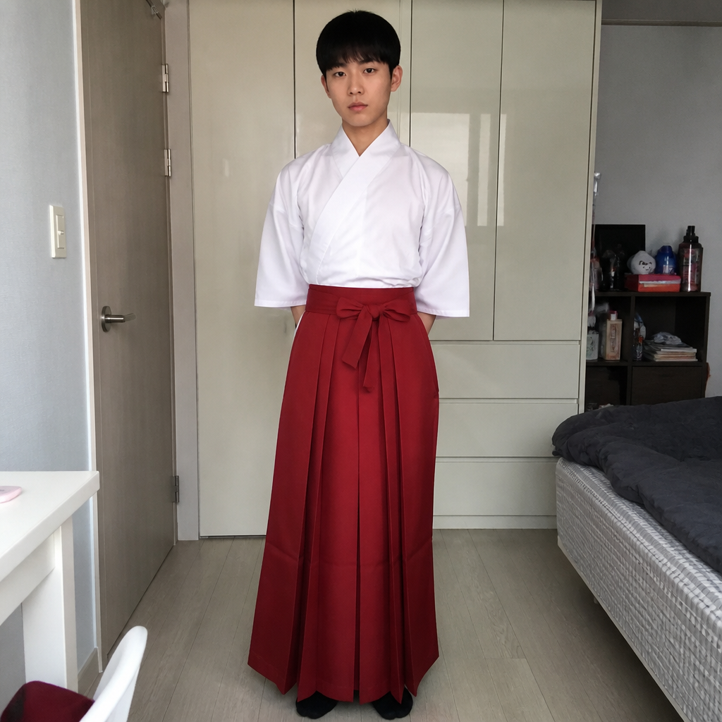 Boy 20 years old wears Japanese white shirt and a Japanese long pleats red skirt and wears shoes girl only in the house in Korea