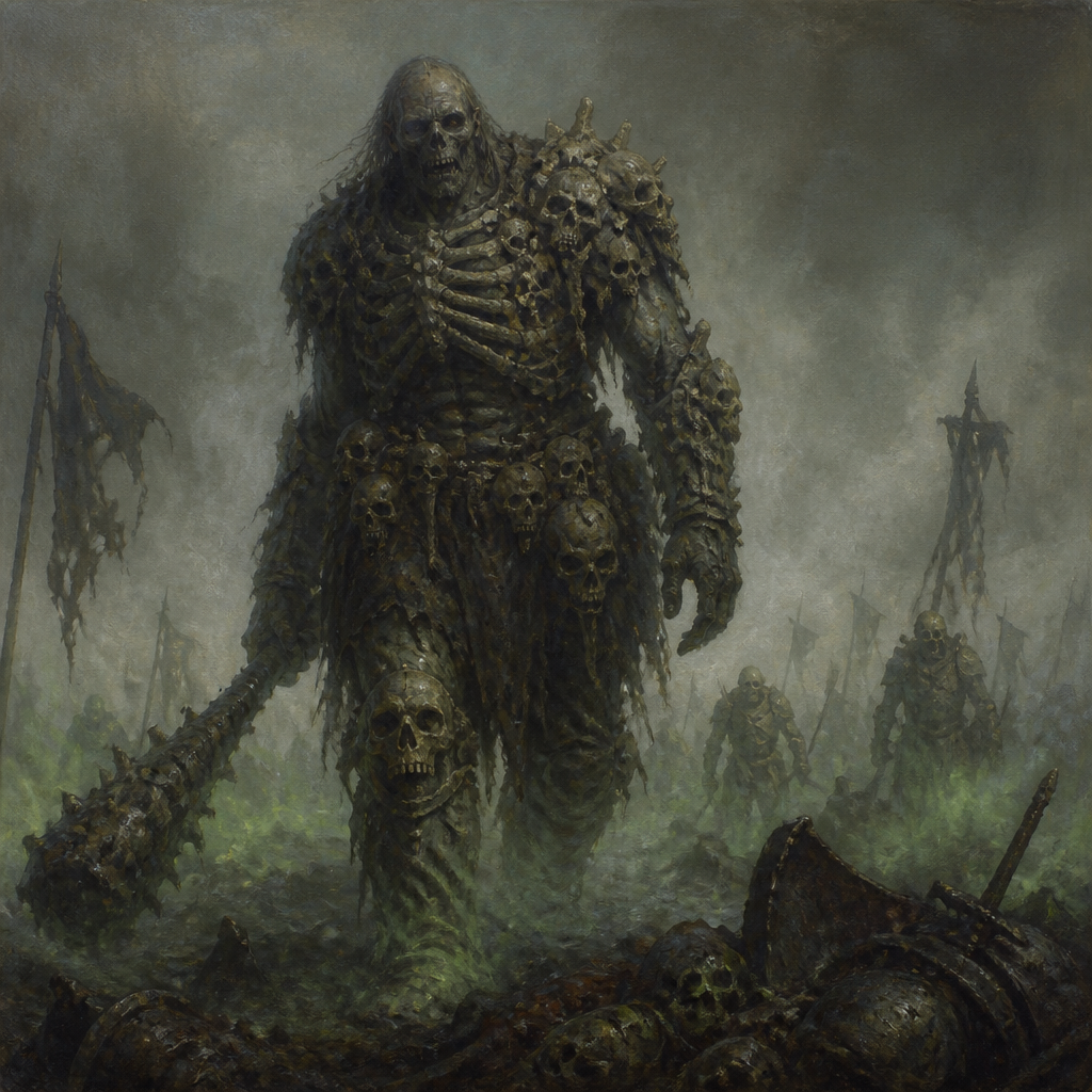 Bone-armored undead giant trudging through a fog-shrouded battlefield, hollow gaze, eerie green mist, grim ash-grey desolation
