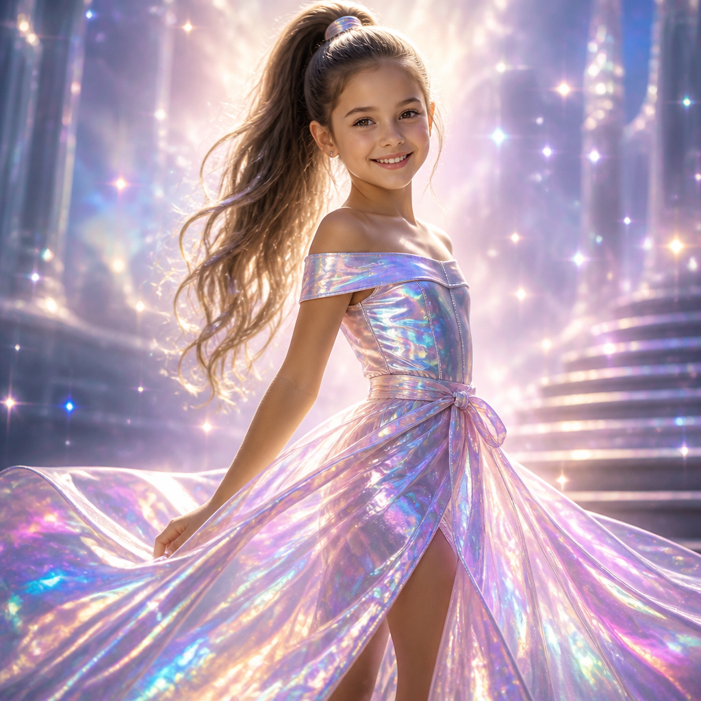 A 9 year old girl with a ponytail a holographic holographic off the shoulder dress with a holographic skirt tied