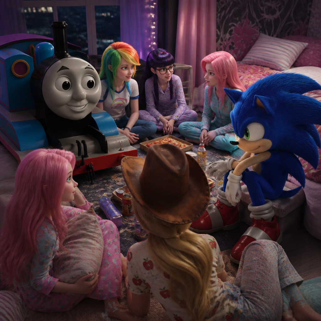 Thomas the Tank Engine and sonic the hedgehog are at the mlp eqg slumber party