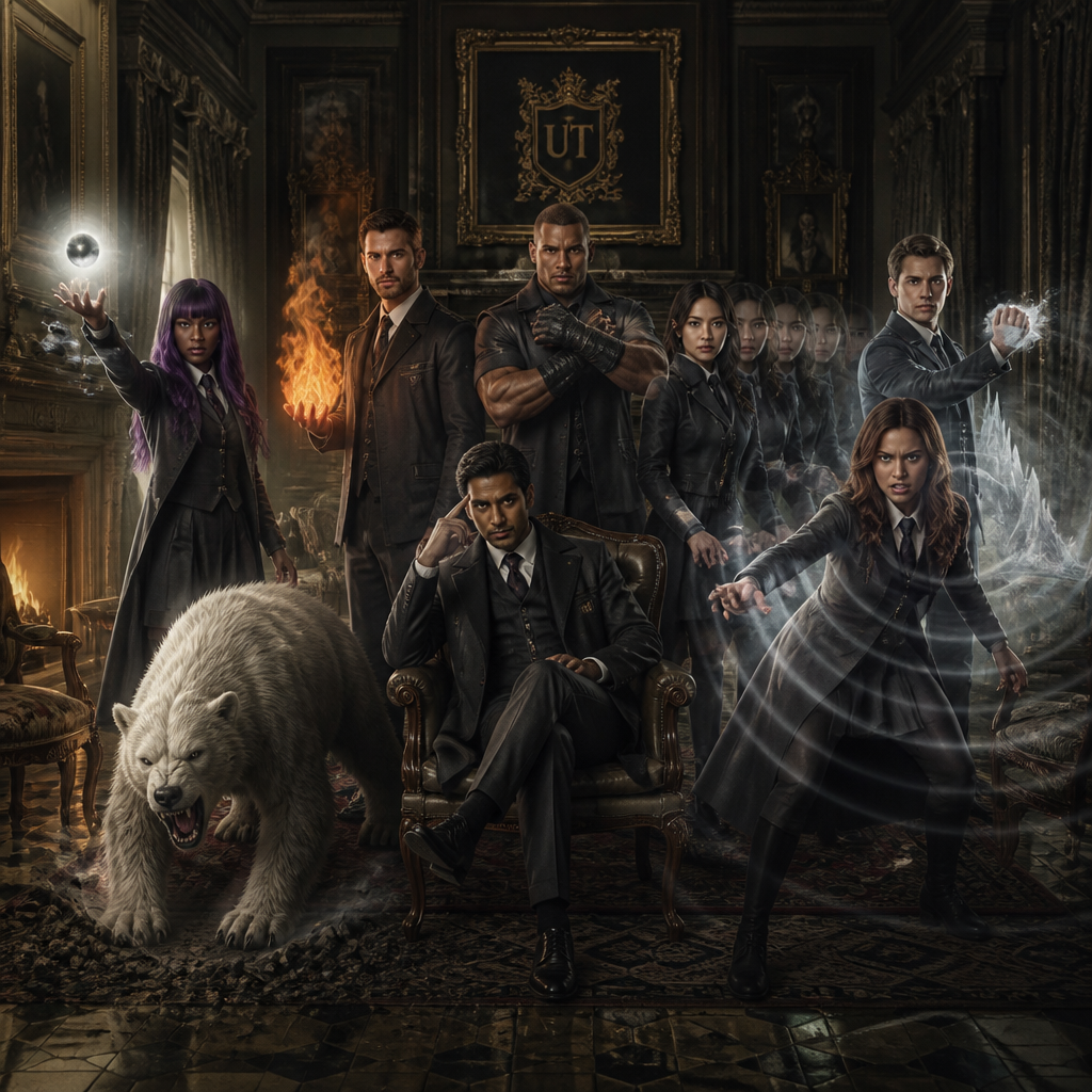 Je veux uen academy à la umbrella academy avec différentes personnes qui sont adultes une sorte d’equipe qui ont le meme uniforme ou du moin les meme couleur de vetement , jupe et pantalon ect , ils ont tous 30 ans d’abbord une femme noir cheveux long violet , elle a le pouvoir de la gravitation blanche, un homme blanc, cheveux noir, un peu bronzer en mode latino white qui contrôle le feu, un homme indien qui controle les pensées, une femme asiatique qui se multiplie, un homme blanc blond moustache , capable de devenir un ourse blanc , ils sont tous elegant et classe, un homme metisse musclé et grand qui a une force surhumaineet un homme avec un air russe qui controle la glace cheveux noir yeux claire et pas de barbe un peu maigre , une femme avec les cheveux, un peu bouclés, une frange et elle est blanche avec des brunes vers le blond, les yeux clairs, mais le temps très bronzé, elle produit des obdes de choc hyper classe, hyper élégante et féminine je veux vraiment un style hyper Umbrella Academy, genre jupe, col, roulé, modèle entrant, mais chacun a son style, je fais un truc élégant, distingué et sombre, pas des matières flashy, comme du caoutchouc et je veux que les couleurs principales détenus soient gris, noir, blanc et u Ils ont tous une sorte de logos emblème à toi de choisir l’emblème, je voudrais bien que ce soit un mélange de deux objets ou d’un animal et d’un objet quelque chose d’élégant avec sur le côté du costume, certains ont un costard et d’autres je veux vraiment quelque chose de sombre, et ils sont tous assis sur un canapé dans le grand salon, certains sont debout et il y a un tableau derrière représentant l’embleme quelque chose de très victorien, la couleur de la famille et le et le vioel , un ambleme unique et prestigieux je veux qu’on voit leur pouvoirs en images comme si ils étaient en train de s’en servir à moitié.