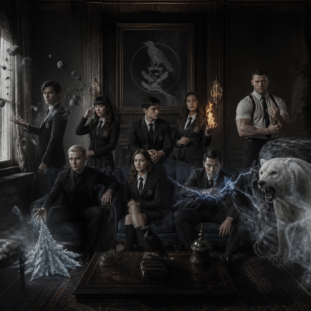 Je veux uen academy à la umbrella academy avec différentes personnes qui sont adultes une sorte d’equipe qui ont le meme uniforme ou du moin les meme couleur de vetement , jupe et pantalon ect , ils ont tous 30 ans d’abbord une femme noir cheveux long violet , elle a le pouvoir de la gravitation blanche, un homme blanc, cheveux noir, un peu bronzer en mode latino white qui contrôle le feu, un homme indien qui controle les pensées, une femme asiatique qui se multiplie, un homme blanc blond moustache , capable de devenir un ourse blanc , ils sont tous elegant et classe, un homme metisse musclé et grand qui a une force surhumaineet un homme avec un air russe qui controle la glace cheveux noir yeux claire et pas de barbe un peu maigre , une femme avec les cheveux, un peu bouclés, une frange et elle est blanche avec des brunes vers le blond, les yeux clairs, mais le temps très bronzé, elle produit des obdes de choc hyper classe, hyper élégante et féminine je veux vraiment un style hyper Umbrella Academy, genre jupe, col, roulé, modèle entrant, mais chacun a son style, je fais un truc élégant, distingué et sombre, pas des matières flashy, comme du caoutchouc et je veux que les couleurs principales détenus soient gris, noir, blanc et u Ils ont tous une sorte de logos emblème à toi de choisir l’emblème, je voudrais bien que ce soit un mélange de deux objets ou d’un animal et d’un objet quelque chose d’élégant avec sur le côté du costume, certains ont un costard et d’autres je veux vraiment quelque chose de sombre, et ils sont tous assis sur un canapé dans le grand salon, certains sont debout et il y a un tableau derrière représentant l’embleme quelque chose de très victorien, la couleur de la famille et le et le vioel , un ambleme unique et prestigieux je veux qu’on voit leur pouvoirs en images comme si ils étaient en train de s’en servir à moitié.