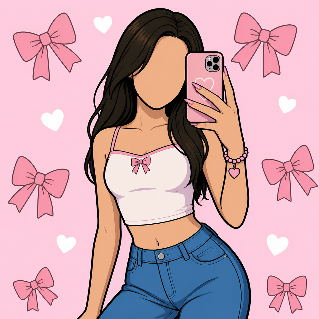 A teenage girl taking a selfie wearing a crop top with a blue jean without a face and the background is very light pink color with some pink bows and white hearts without black nails