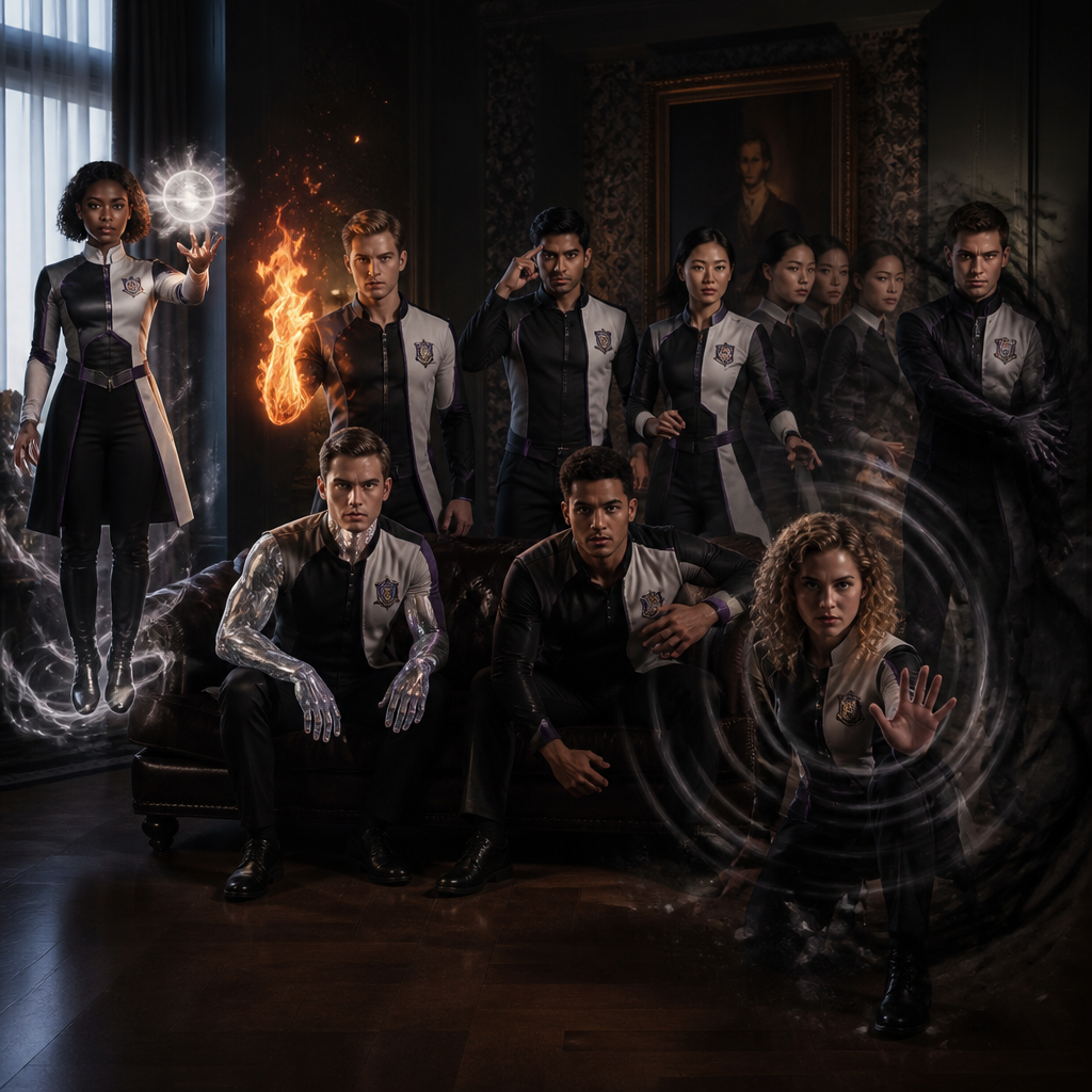 Je veux uen academy à la umbrella academy avec différentes personnes qui sont adultes une sorte d’equipe qui ont le meme uniforme ou du moin les meme couleur de vetement , jupe et pantalon ect , ils ont tous 30 ans d’abbord une femme noir cheveux long noir et violet , elle a le pouvoir de la gravitation blanche, elle. A un cole roulé noir. un homme blanc, cheveux noir, un peu bronzer en mode latino white qui contrôle le feu, un homme indien qui controle les pensées, une femme asiatique qui se multiplie, un homme blanc blond moustache , capable de devenir comme du diamond blance , ils sont tous elegant et classe, un homme metisse musclé et grand qui a une force surhumaineet un homme avec un air russe qui controle les ombres cheveux noir yeux claire et pas de barbe un peu maigre , une femme avec les cheveux, un peu bouclés avec une frange et elle est blanche un peu latina cheveux bouclés tombant avec des brunes et du le blond, les yeux clairs, mais le temps très bronzé, elle produit des ondes de choc hyper classe, hyper élégante et féminine je veux vraiment un style hyper Umbrella Academy, genre jupe, col, roulé, modèle entrant, mais chacun a son style, je fais un truc élégant, distingué et sombre, pas des matières flashy, comme du caoutchouc et je veux que les couleurs principales détenus soient gris, noir, blanc et u Ils ont tous une sorte de logos emblème à toi de choisir l’emblème, je voudrais bien que ce soit un mélange de deux objets ou d’un animal et d’un objet quelque chose d’élégant avec sur le côté du costume, certains ont un costard et d’autres je veux vraiment quelque chose de sombre, et ils sont tous assis sur un canapé dans le grand salon, certains sont debout et il y a un tableau derrière représentant l’embleme quelque chose de très victorien, la couleur de la famille et le et le vioel , un ambleme unique et prestigieux je veux qu’on voit leur pouvoirs en images comme si ils étaient en train de s’en servir à moitié pour l’ourse fais en sorte que seul une de ses mains se transforme pour l’instant.
