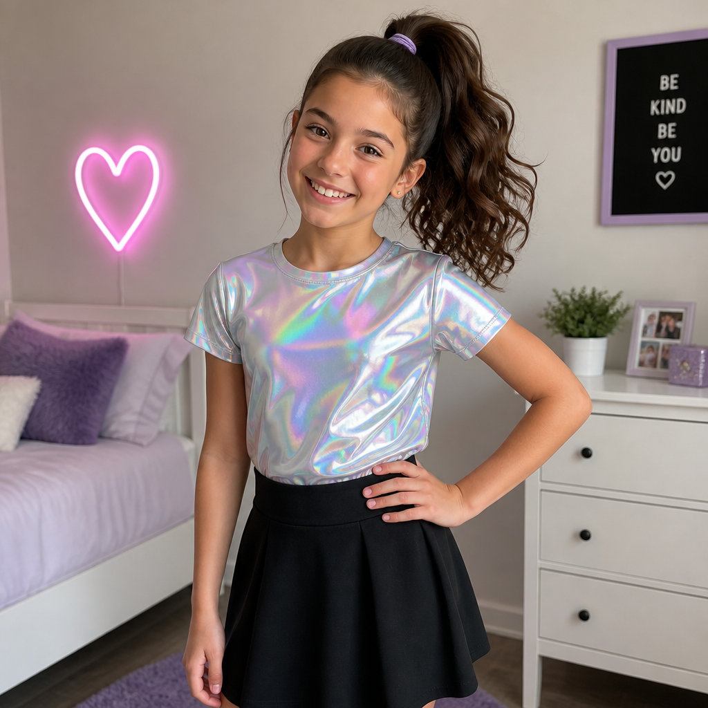 A 9 year old girl with a ponytail a holographic shirt and a normal black skirt