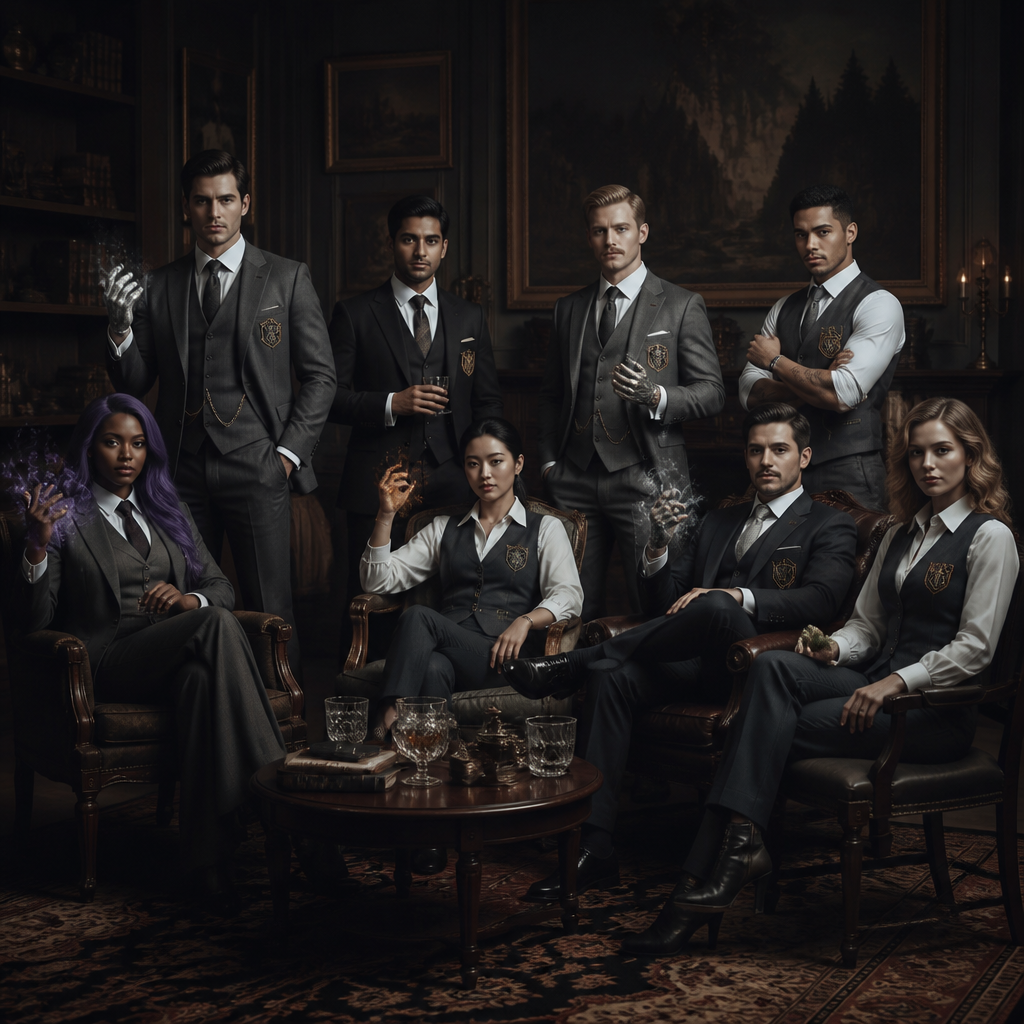 Je veux uen academy à la umbrella academy avec différentes personnes qui sont adultes une sorte d’equipe qui ont le meme uniforme ou du moin les meme couleur de vetement , jupe et pantalon ect , ils ont tous 30 ans d’abbord une femme noir cheveux long violet , elle a le pouvoir de la gravitation blanche, un homme blanc, cheveux noir, un peu bronzer en mode latino white qui contrôle le feu, un homme indien qui controle les pensées, une femme asiatique qui se multiplie, un homme blanc blond moustache , capable de devenir un aigle blance , ils sont tous elegant et classe, un homme metisse musclé et grand qui a une force surhumaineet un homme avec un air russe qui controle les ombres cheveux noir yeux claire et pas de barbe un peu maigre , une femme avec les cheveux, un peu bouclés, une frange et elle est blanche avec des brunes vers le blond, les yeux clairs, mais le temps très bronzé, elle produit des obdes de choc hyper classe, hyper élégante et féminine je veux vraiment un style hyper Umbrella Academy, genre jupe, col, roulé, modèle entrant, mais chacun a son style, je fais un truc élégant, distingué et sombre, pas des matières flashy, comme du caoutchouc et je veux que les couleurs principales détenus soient gris, noir, blanc et u Ils ont tous une sorte de logos emblème à toi de choisir l’emblème, je voudrais bien que ce soit un mélange de deux objets ou d’un animal et d’un objet quelque chose d’élégant avec sur le côté du costume, certains ont un costard et d’autres je veux vraiment quelque chose de sombre, et ils sont tous assis sur un canapé dans le grand salon, certains sont debout et il y a un tableau derrière représentant l’embleme quelque chose de très victorien, la couleur de la famille et le et le vioel , un ambleme unique et prestigieux je veux qu’on voit leur pouvoirs en images comme si ils étaient en train de s’en servir à moitié pour l’ourse fais en sorte que seul une de ses mains se transforme pour l’instant.