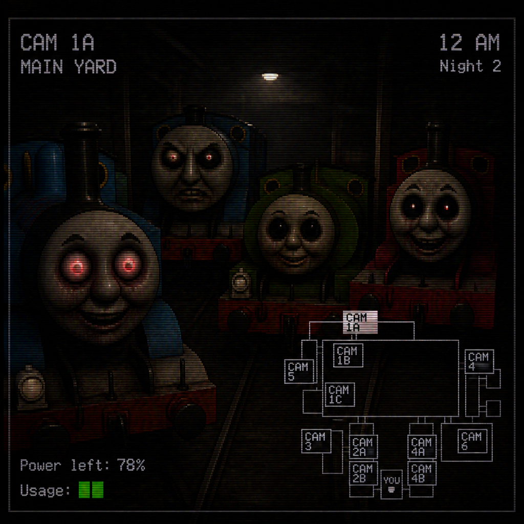 Five nights at Thomas 2 1991s
PlayStation horror game game gameplay you have enemies it’s Thomas the Tank engine Gordon, the four blue tender engine, Percy the number six green, saddle tank engine and James the number five red tender engine are on the stage cam 1A