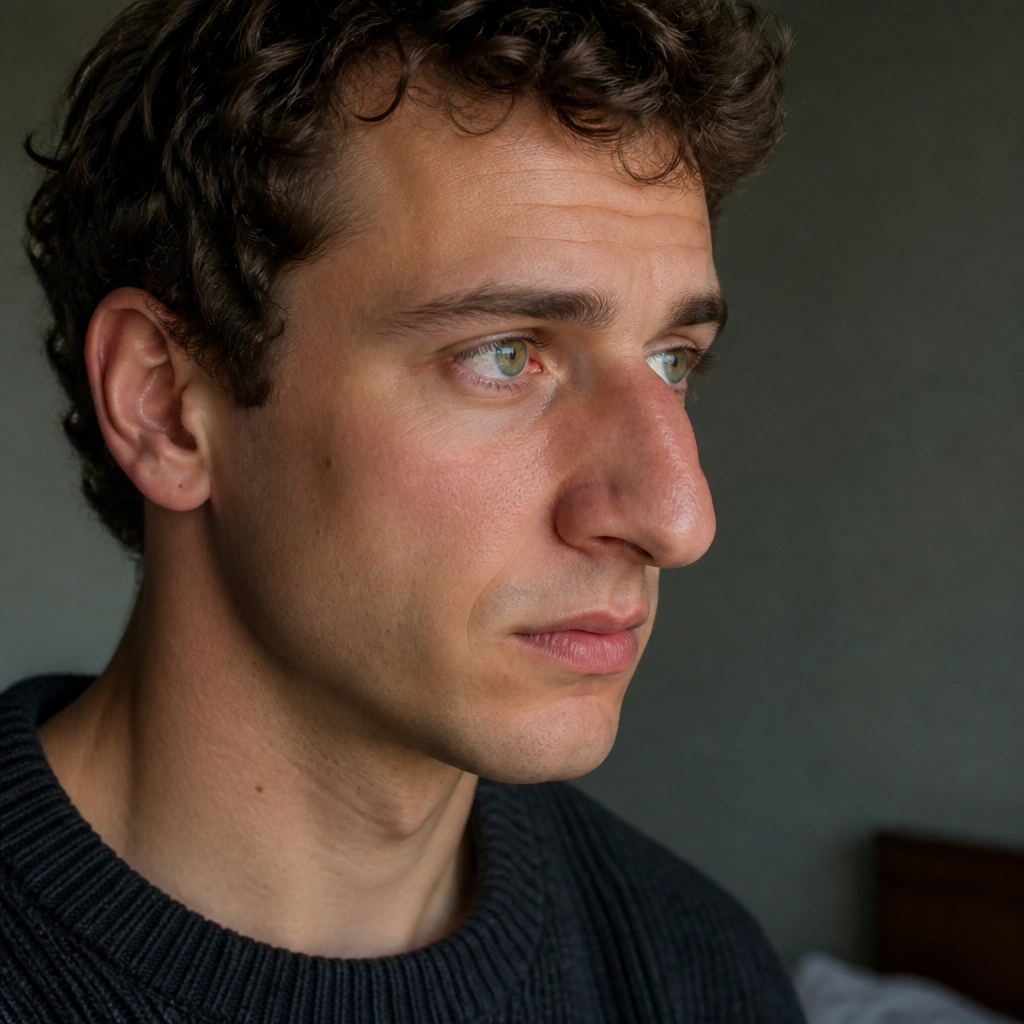 OK, j’essaie de trouver le crush parfaite pour ma pote, tu vas me faire un homme un peu grec, le nez hyper tordu hyper Cabossée, grand discord nu tout ce que tu veux genre, mais quand même sexy, les yeux verts, les cheveux courts et bouclés, un peu brin, pas de moustache, pas de barbe, il s’habille normalement avec un long pull pas une mâchoire carré ou autre vraiment un visage assez normal, un peu baraqué non je veux vraiment un nez, hyper tordu, hyper cabossée genre quelque chose de pas esthétiquement, accepté par la société