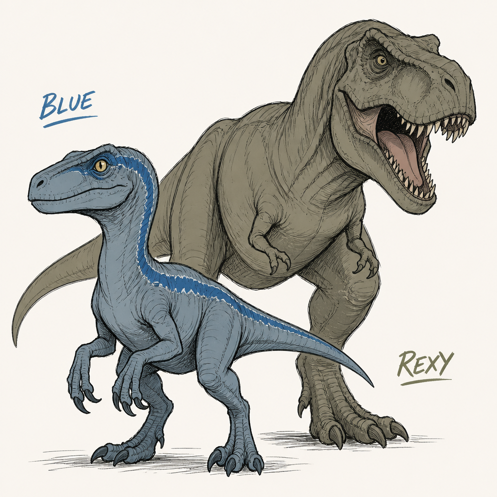 Blue Le Velociraptor et Rexy Le T Rex Jurassic World