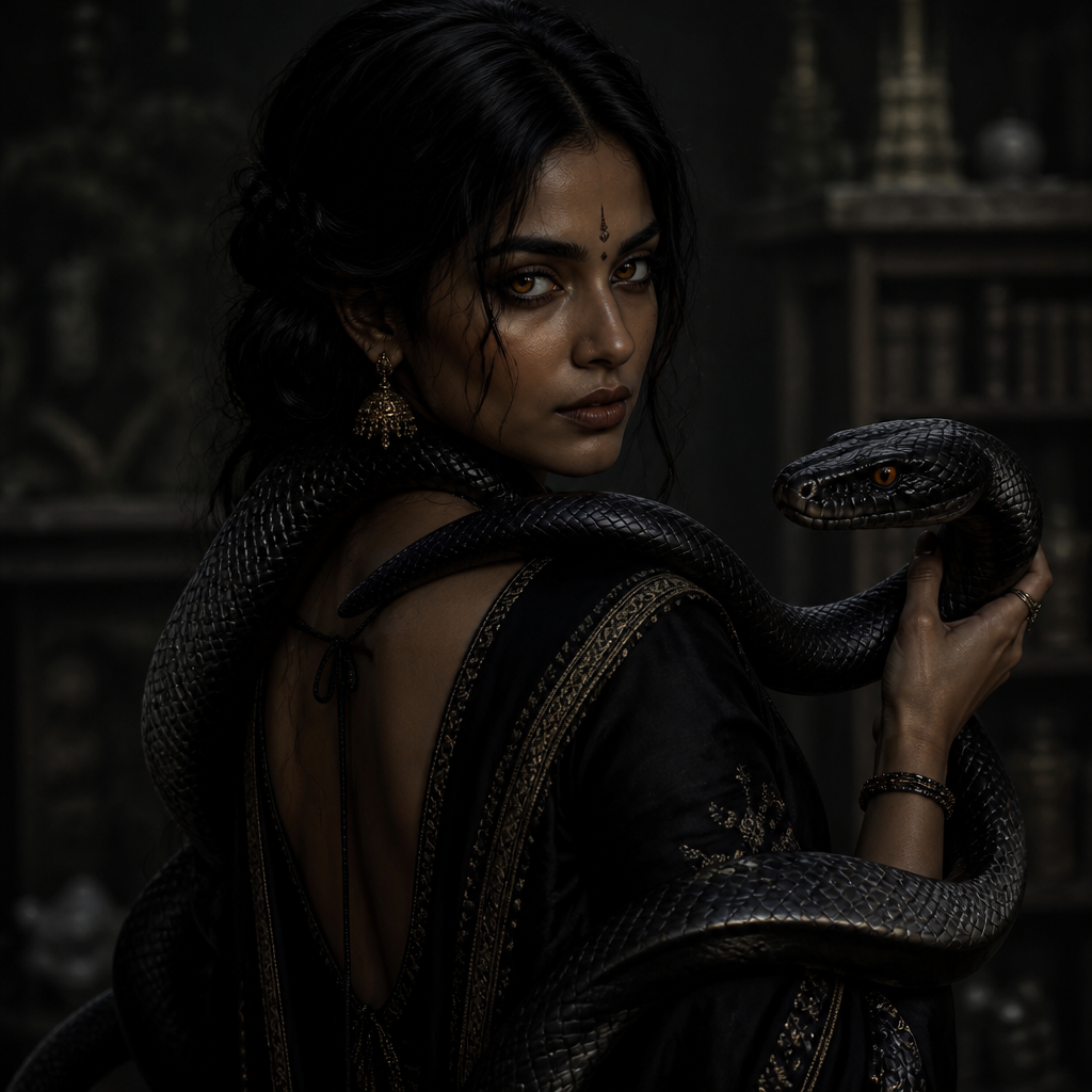 Je veux que tu me crées un personnage un peu dans le délire de la Umbrella Academy, cheveux noirs, yeux, orange, marron elle est indienne et elle peut contrôler les serpents ou se transformer en serpent, un délire comme ca je veux vraiment qu’elle soit élégantes, mais un peu genre académique sombre