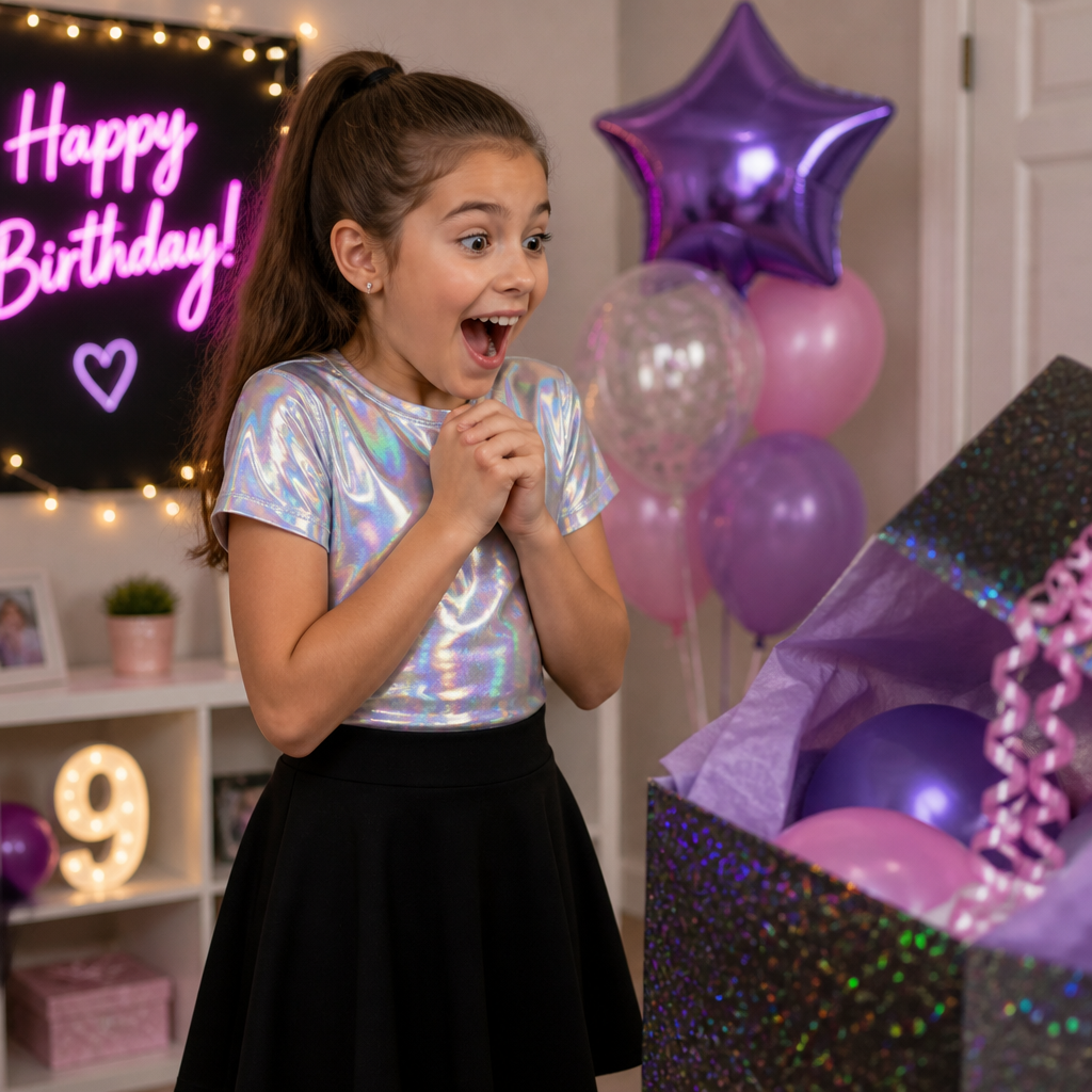 A 9 year old girl with a ponytail a holographic shirt and a normal black skirt and her birthday surprise again