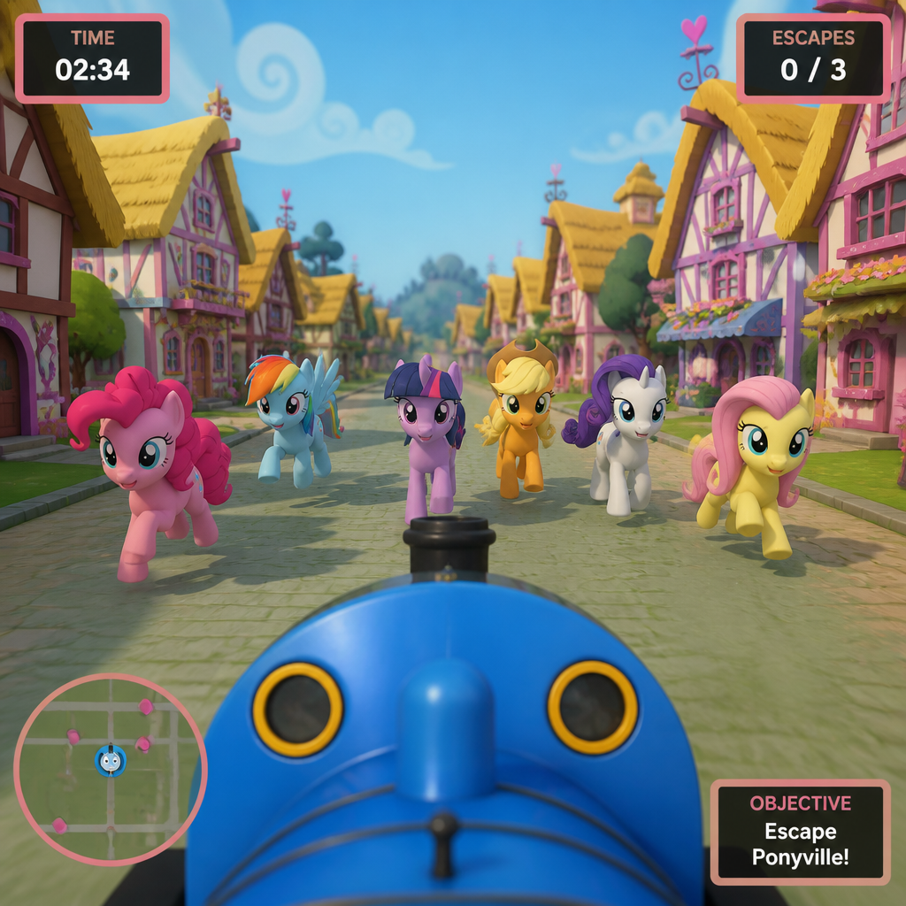 In loved cure escape game game gameplay you are play as POV of Thomas the tank engine you was chased the main 6 from my little pony in Ponyville