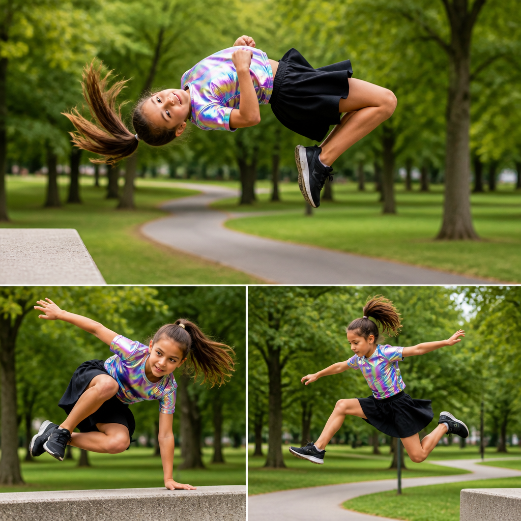 A 9 year old girl with a ponytail a holographic shirt and a normal black skirt doing parkour in the park