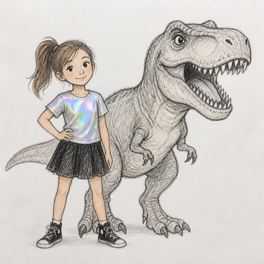 A 9 year old girl with a ponytail a holographic shirt and a black skirt and a T-Rex
