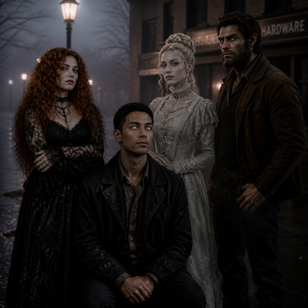 Une equipe a la dead boy détective avec un homme medium les yeyx integralement blanc le teint caramel , une femme sorcière magnifique et rousse volume cheveux long tres dentelle noir goth et 1 fantome femme blond tres classe viectorian et sexy homme loup garou un peu dans une mini ville