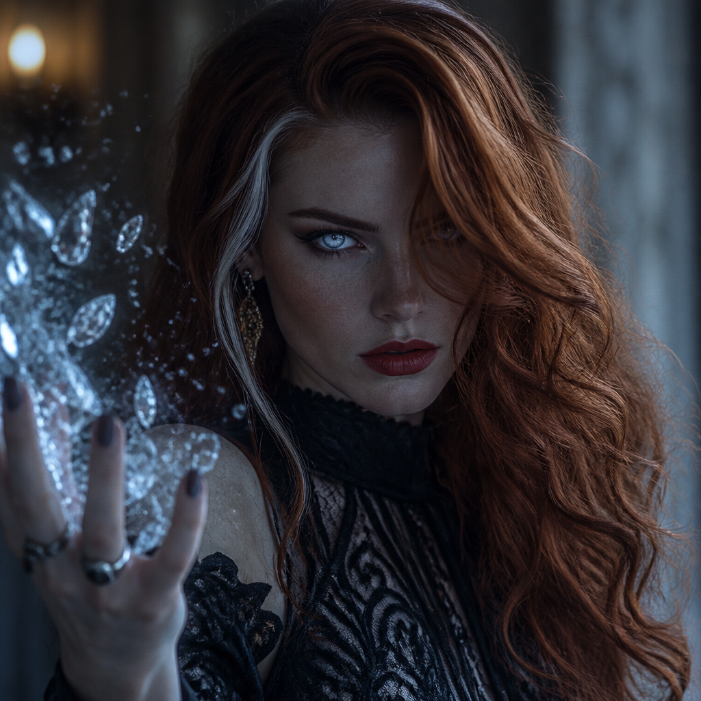 Une femme comme de la umbrella academy, qui controle la glace, elle a mes pupille qui s’intille en bleu ciel, elle a les cheveux venicien un peu roue et des meche legerement blanche des cheveux volumineux avec une parrie de ses cheveux qui cache un cote de son visage , elle est elegante et sensuelle , dans la 30 ene