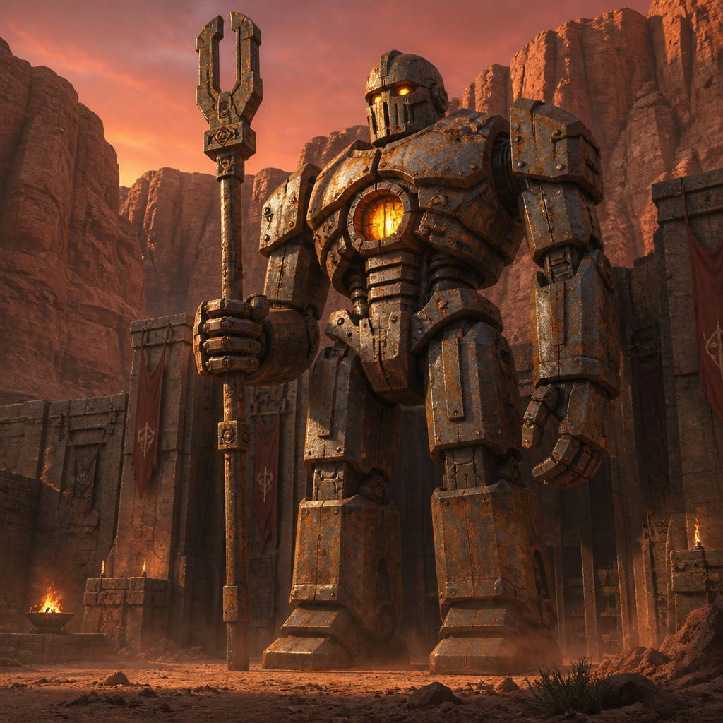 Iron golem giant standing guard at a canyon gate, rust-streaked plates, glowing core, dusty red-orange desert dusk, imposing