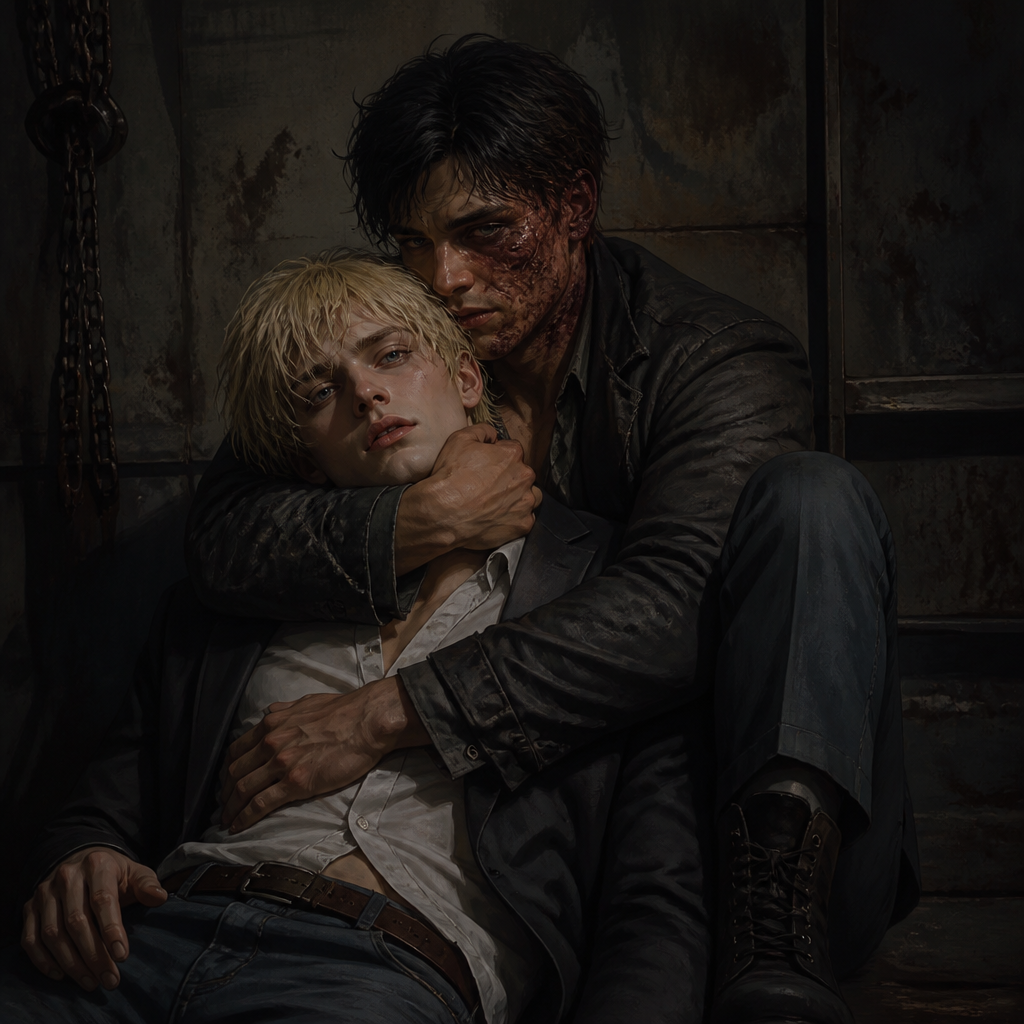 Je veux une ambiance de thriller un peu genre psychologique avec un homme, le visage à moitié cramé les yeux ténébreux, les cheveux ténébreux, la vingtaine habiller avec une chemise et une veste des bottes noires en pantalon en jean. Il tient dans ses bras quelqu’un, il le sert quelqu’un dans ses bras c’est un homme blond, les yeux clair qui semble pas dans son état normal