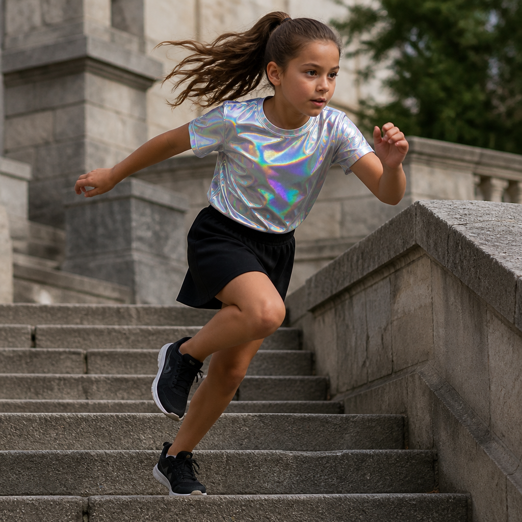 A 9 year old girl with a ponytail a holographic shirt and a normal black skirt doing parkour in the stairs