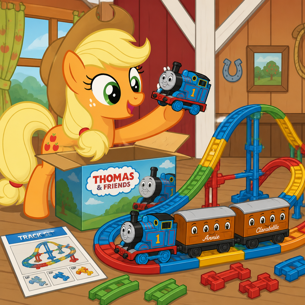 Applejack from My Little Pony is unboxing tomy Thomas the Tank Engine with Annie and Clarabelle toy and she finish building The toy tomy roller coaster tracks