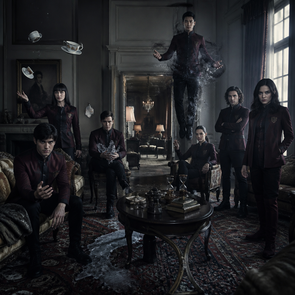 Je veux une équipe a la umbrella academy et couleur des tenue bordeau noir dans un salon de manoir mais ca se passe au 21 eme siecle certain sont debout et d’autres assis , ils ont tous 30 ans et sont a notre epoque montre moi leur pouvoir genre une micro demonstration chacun genre seulement une main pas tout le corps sauf l’asiatique , chacun a son propore style dans des tons tres sombre tres froide
1
Femme noir elegante et puissante hyper badasse en cole roulé, cheveux lisses legerement ondulés noir et violet et long en talon botte noir
Control de la gravité et des liquides comme le petrole ou l’encre les yeux clair
2
Homme blanc russe, cheveux noir rasé à blanc, les cheveux extrêmement courts, buzcut , les yeux noir pas de pouvoir
4
Homme blond, yeux clairs blond il devient invisible et son corp se transforme en cristal
9 une fille rousse cheveux long qui controle la glace ses pupilles s’allume en bleu ciel un peu a la kiler frost et elle a des meches de cheveux blanc sur le dessus elle a des cheveux lisse avec du volume un roue tres doux tres attenué
5
Femme asiatique, élégante moderne en soie noir et les cheveux long noir
6
Femme latina blond cheveux bouclés frange, lit dans les objets (ses yeux sont intégralement blanc)
Chacun a un style unique , l’asiatique a riche et porte de la soie, la 1er est badass et sexy , le russe a l’air rigide, , et la latina est en jupe hyper cuir hun peu rock mais elle tient un bouquina vec une chaine