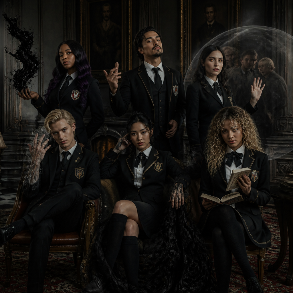 Je veux que tu me fasses une équipe à la Umbrella Academy, genre ils ont tous une sorte d’uniforme, mais chacun a son style avec certains roulés d’autres des jupes, d’autres un truc gothique etc. alors voici les personnages suivants ils sont dans une sorte de manoir. Certains sont assis sur un canapé et d’autres sont debout. Ils ont tous 30 ans. Je veux une mini démonstration de leur pouvoir.
1
Femme noir, cheveux lisses legerement ondulés noir violet
Control des liquides comme de l’encre, du pétrole
3
Latino, cheveux mi longs mi court avec bouc , il parle et invoque les morts
3 Astride
Fille brune blanche, yeux orange contrôle les gens avec son champs
4
Homme blond, yeux clairs blond il a le pouvoir métamorphique, genre je veux que tu transformes sa main en quelque chose, comme si il allait se transformer en une autre personne
5
Femme asiatique, élégante qui parvient à invoquer les ombres
6
Femme latina teint caramel blond cheveux bouclés frange yeux gris clairs, Lit dans les objets et les gens, voit l’avenir.