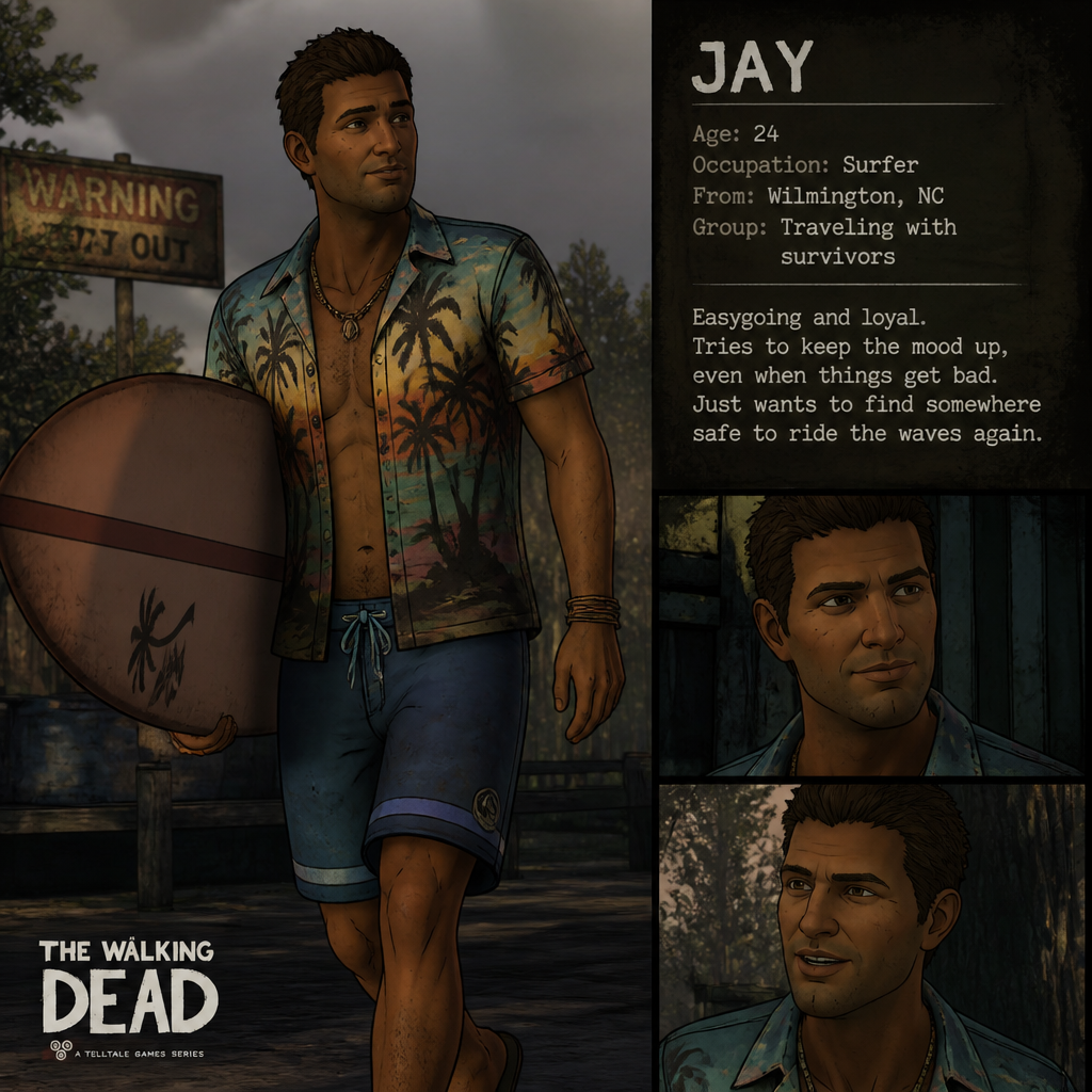 Jay the surfer in the walking dead games