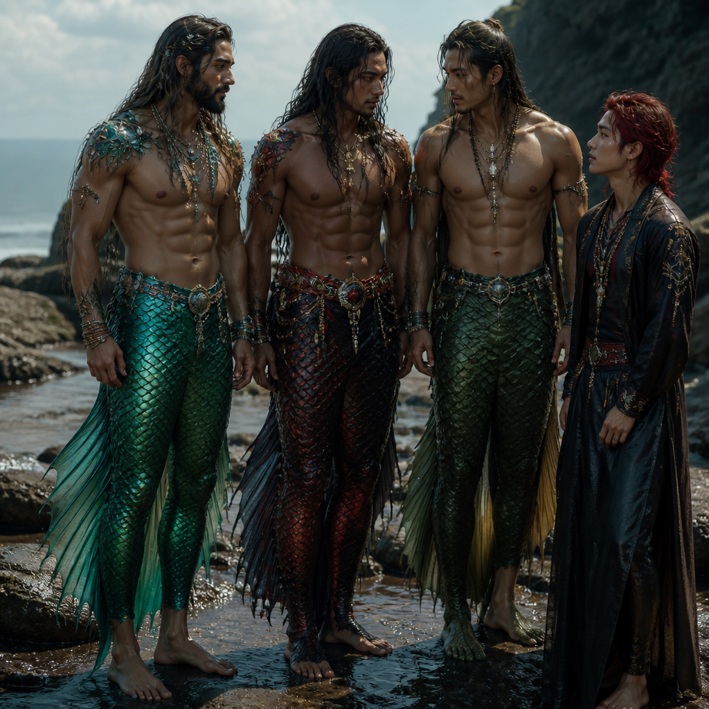 Un homme sirène, mais qui a des pieds pas une queue un peu à la Aquaman avec les cheveux longs les yeux d’une couleur océan, océan des écailles verts un peu, je veux qu’il soit vraiment dans le vert turquoise bleu, et je veux quelqu’un à côté de lui de complètement différent au niveau ethnie genre asiatique peut-être roux, cheveux longs ou courts. Enfin peu importe voilà en fait fais-moi trois personnages. Du coup ils ont des pieds mais avec des écailles et des nageoires. encore une fois il n’a pas une queue de poisson et ses trois hommes. Ils ont des pieds des jambes mais en gros ils ont des écailles dessus, j’aimerais bien des couleurs sombres, genre des écailles noires rouges sombres magenta, un bleu nuit avec du noir et un troisième avec du vert version sombre, genre des bijoux de la mer, mais