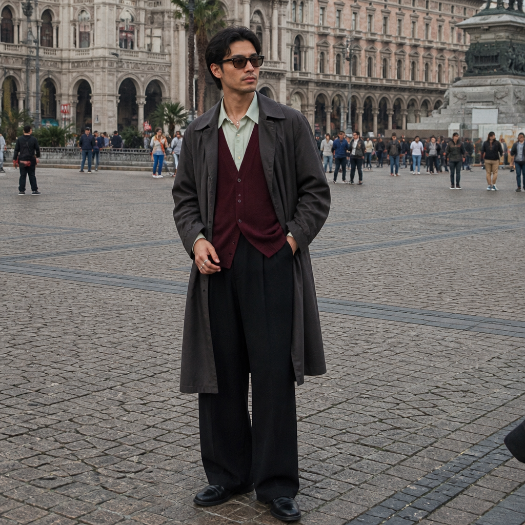 , je veux que tu me mettes une sorte d’homme à peu à peu près 1,85 m, le temps blanc, mais un peu bronzé avec des lunettes noires qui vont vers le translucide, une chemise blanche verte avec un cardigan bordeaux, un long trench gris foncé un pantalon noir un peu éléphants au niveau des jambes des chaussures noire cuir, il porte une sorte de pendentif un peu victorien, mais hyper simple argenté, une montre à cuir noir, argenté, des bagues argentées et se tient. Je sais pas sur une place. il a les cheveux vraiment noirs un peu fluide, mais bien coiffé genre une coupe qui part à la gauche et à la droite aussi assez court. les verres des lunettes sont noirs vers le translucide aussi.