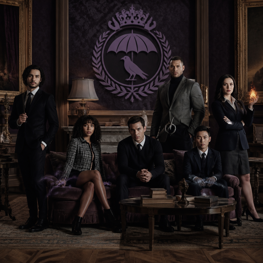Je veux uen academy à la umbrella academy avec différentes personnes qui sont adultes une sorte d’equipe qui ont le meme uniforme ou du moin les meme couleur de vetement , jupe et pantalon ect , ils ont tous 30 ans d’abbord une femme noir cheveux long noir et violet , elle a le pouvoir de la gravitation blanche, elle. A un cole roulé noir. un homme blanc, cheveux noir, un peu bronzer en mode latino white qui contrôle le feu, un homme indien qui controle les pensées, une femme asiatique qui se multiplie, un homme blanc blond moustache , capable de devenir comme du diamond blance , ils sont tous elegant et classe, un homme metisse musclé et grand qui a une force surhumaineet un homme avec un air russe qui controle les ombres cheveux noir yeux claire et pas de barbe un peu maigre , une femme avec les cheveux, un peu bouclés avec une frange et elle est blanche un peu latina cheveux bouclés tombant avec des brunes et du le blond, les yeux clairs, mais le temps très bronzé, elle produit des ondes de choc hyper classe, hyper élégante et féminine je veux vraiment un style hyper Umbrella Academy, genre jupe, col, roulé, modèle entrant, mais chacun a son style, je fais un truc élégant, distingué et sombre, pas des matières flashy, comme du caoutchouc et je veux que les couleurs principales détenus soient gris, noir, blanc et u Ils ont tous une sorte de logos emblème à toi de choisir l’emblème, je voudrais bien que ce soit un mélange de deux objets ou d’un animal et d’un objet quelque chose d’élégant avec sur le côté du costume, certains ont un costard et d’autres je veux vraiment quelque chose de sombre, et ils sont tous assis sur un canapé dans le grand salon, certains sont debout et il y a un tableau derrière représentant l’embleme quelque chose de très victorien, la couleur de la famille et le et le vioel , un ambleme unique et prestigieux je veux qu’on voit leur pouvoirs en images comme si ils étaient en train de s’en servir à moitié pour l’ourse fais en sorte que seul une de ses mains se transforme pour l’instant.