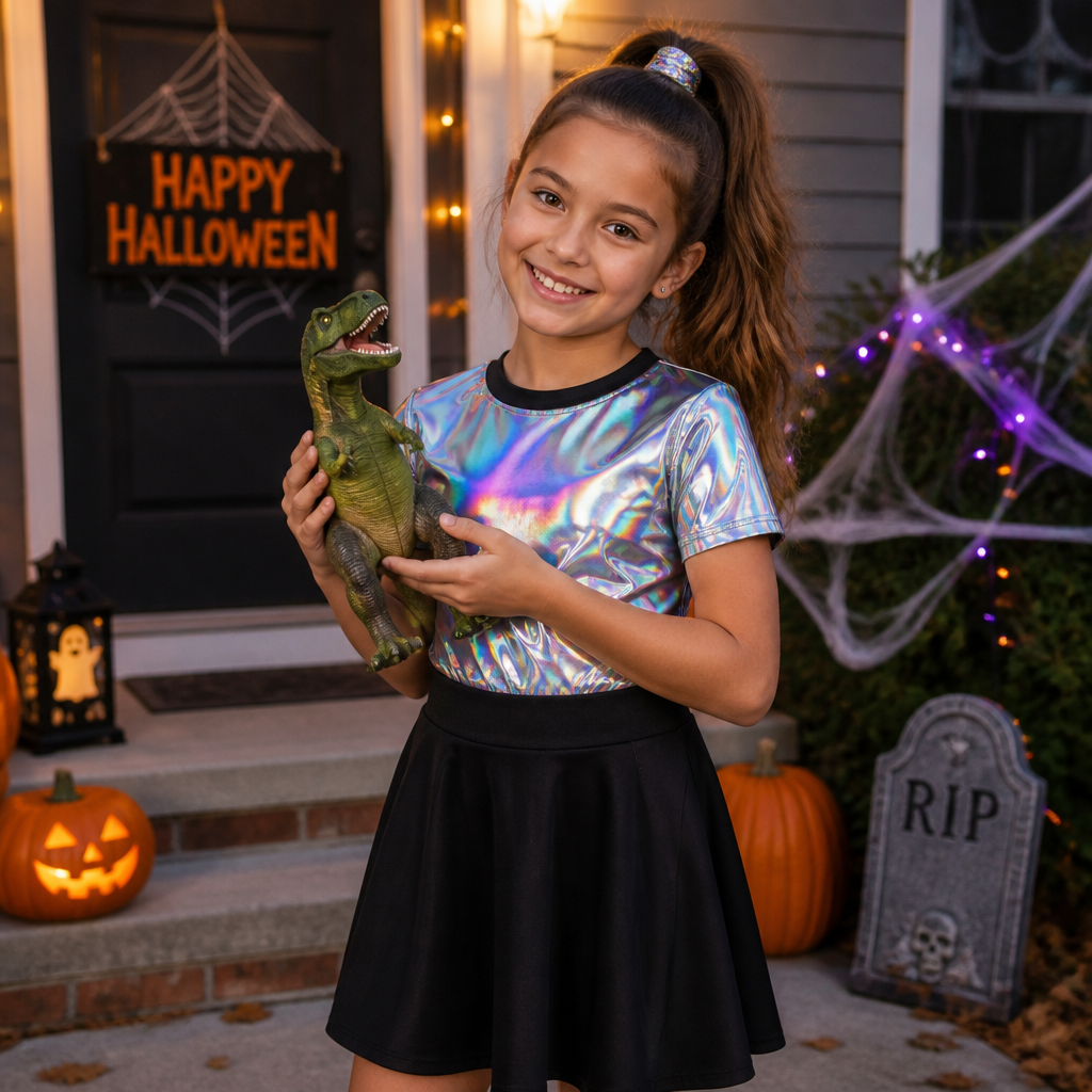 A 9 year old girl with a ponytail a holographic shirt and a normal black skirt in a Halloween costume holding her t-rex toy
