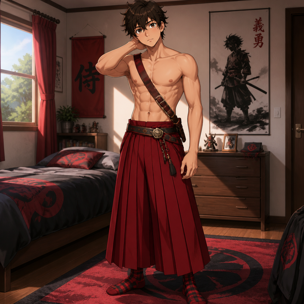 Man 20 years old no a shirt, wears a belt (diagonal), a belt (landscape), a skirt long red pleated samurai and red plaid socks only, in the bedroom in a house