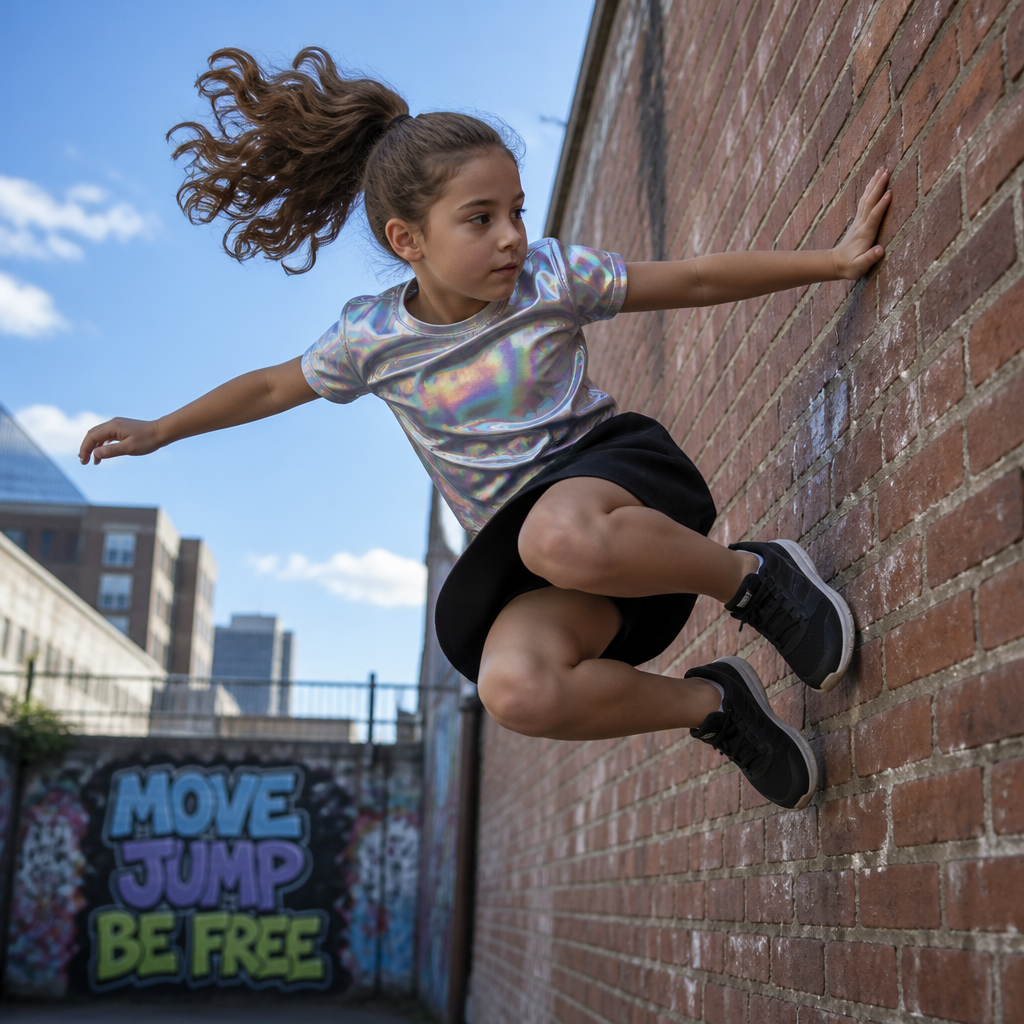 A 9 year old girl with a ponytail a holographic shirt and a normal black skirt doing parkour