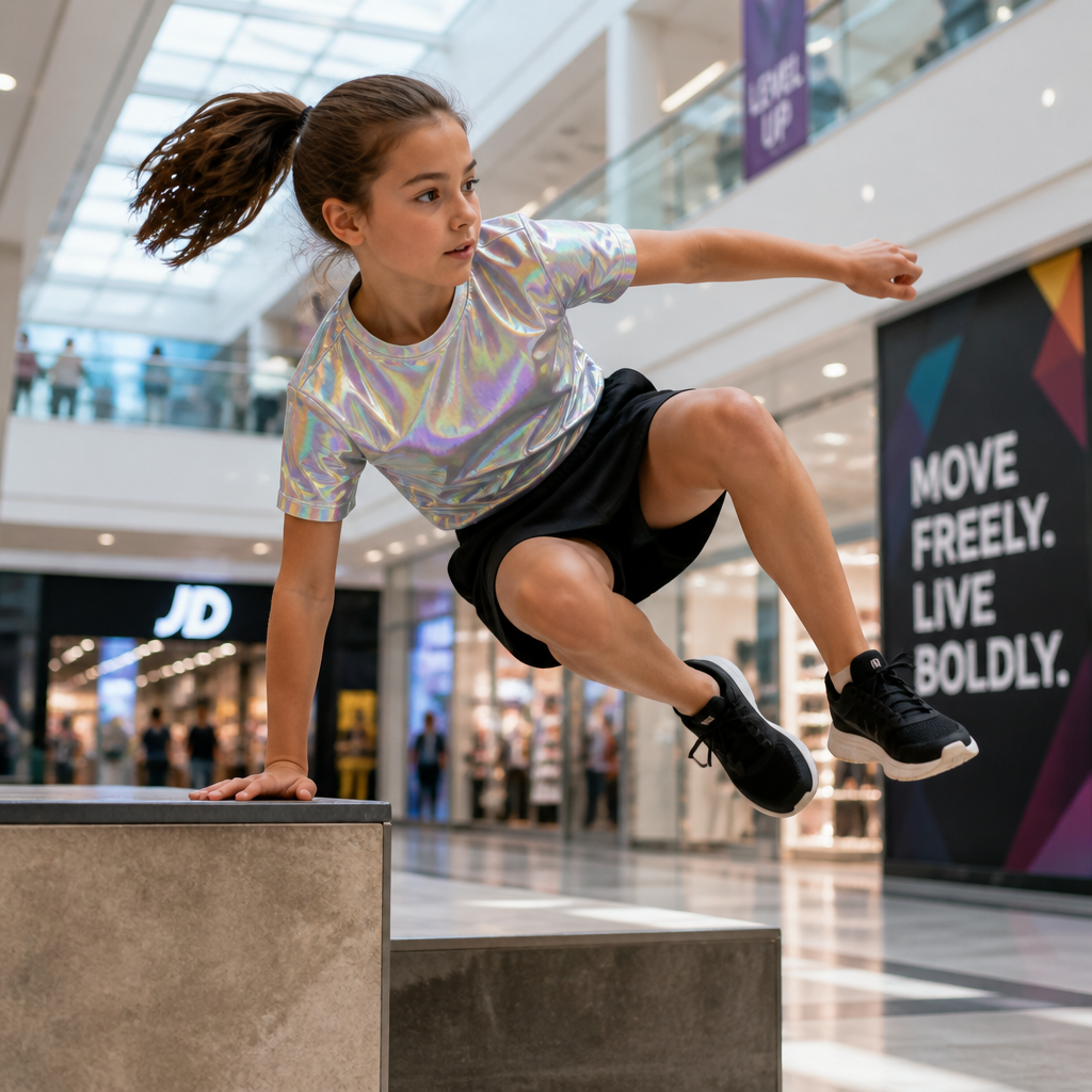 A 9 year old girl with a ponytail a holographic shirt and a normal black skirt doing parkour in a mall