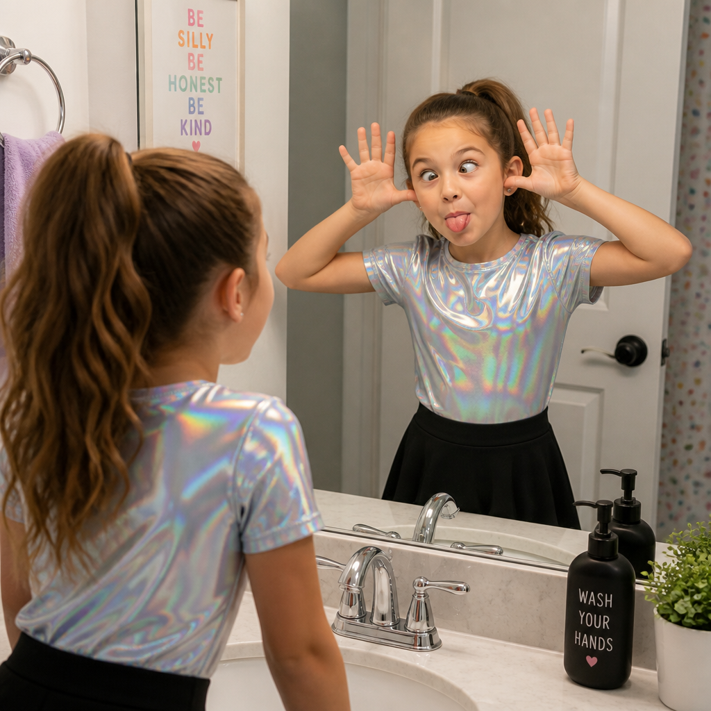 A 9 year old girl with a ponytail a holographic shirt and a normal black skirt being funny in the bathroom mirror