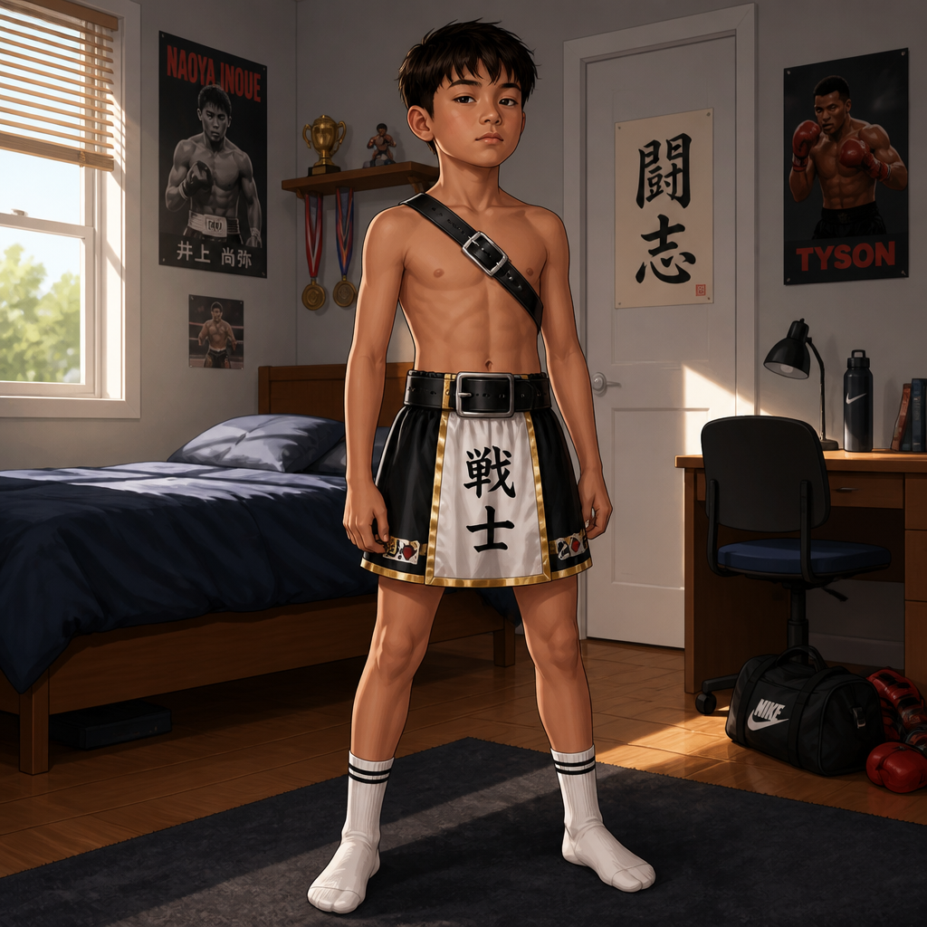 Boy 10 years old no a shirt, wears a belt (diagonal), a belt (landscape), a skirt boxing Japanese and socks only, in the bedroom in a house
