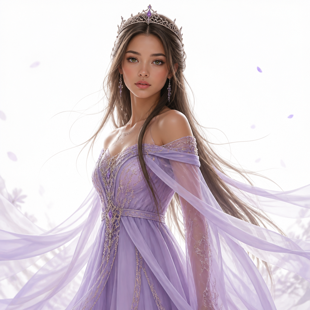 Half white half Asian princess, dark green eyes, straight brown hair, medium skin, lavender dress, white background