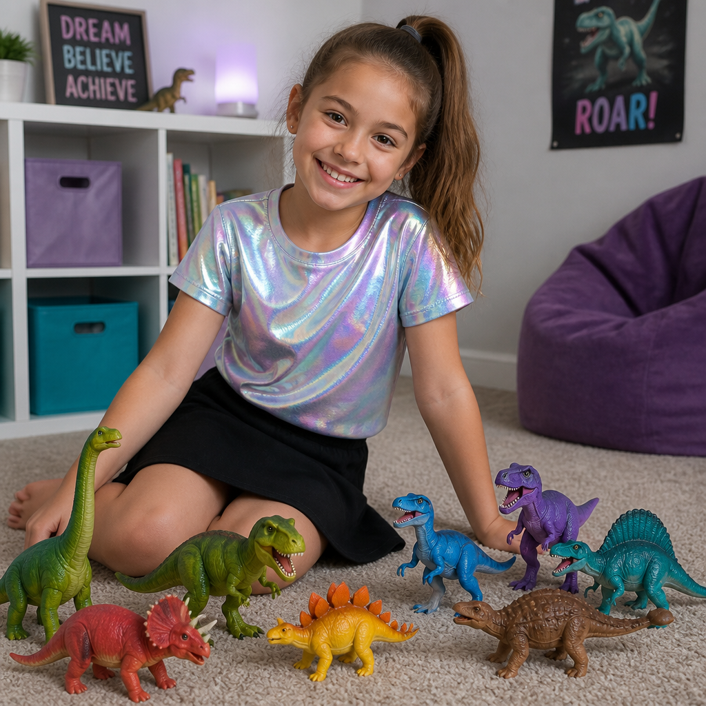A 9 year old girl with a ponytail a holographic shirt and a normal black skirt and her dinosaur toys